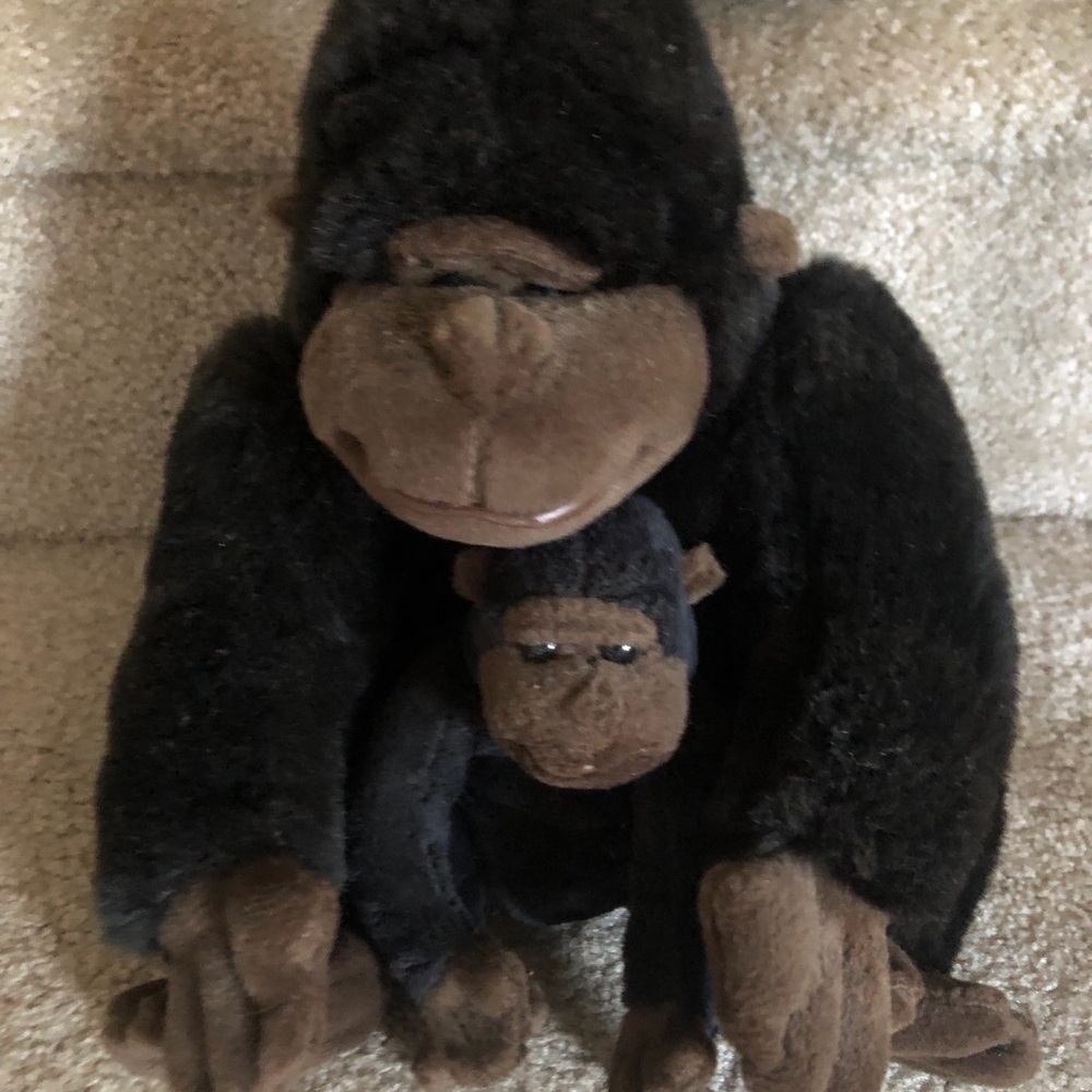 Vintage Plush Gorilla Toy with Baby - Brown and Black
